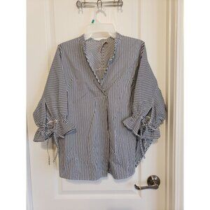 Sans & Sans contrast stripes, mandarin collar, short tie sleeve blouse, size L